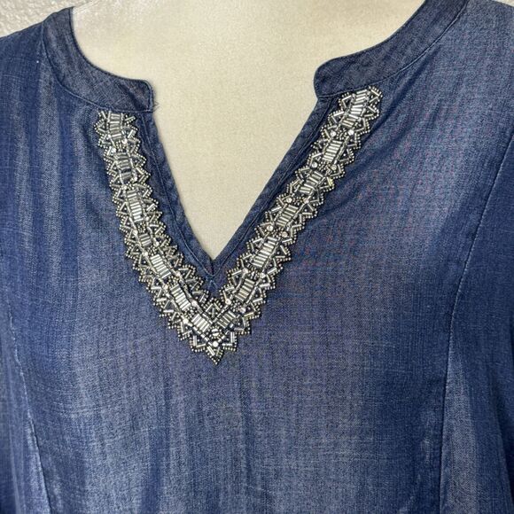Chico's Size 3 XL Embellished Beaded Denim Tunic Top Shirt Blue Tencel Chambray - Picture 2 of 13